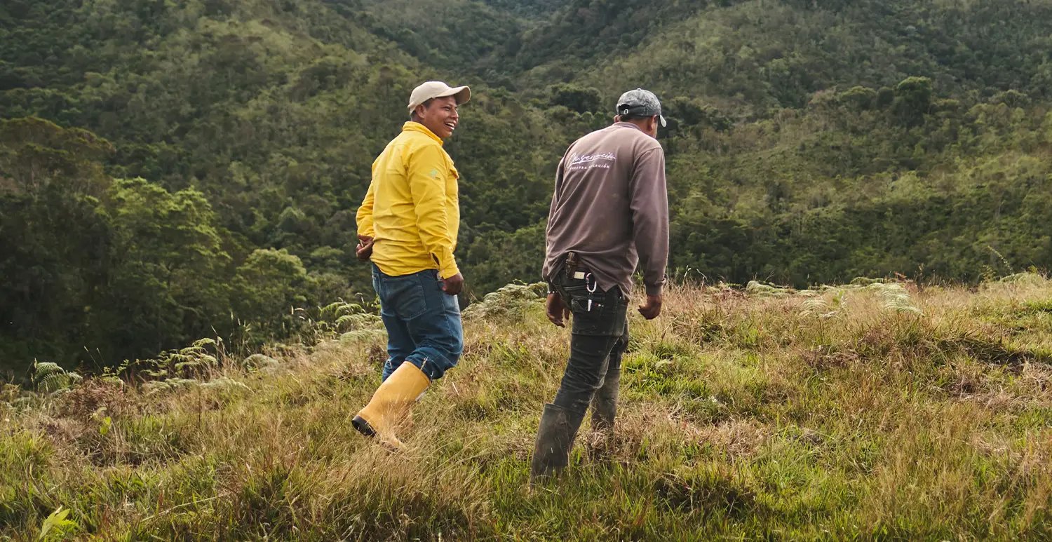 Two foresters walk through degraded land preparing to be restored in Colombia