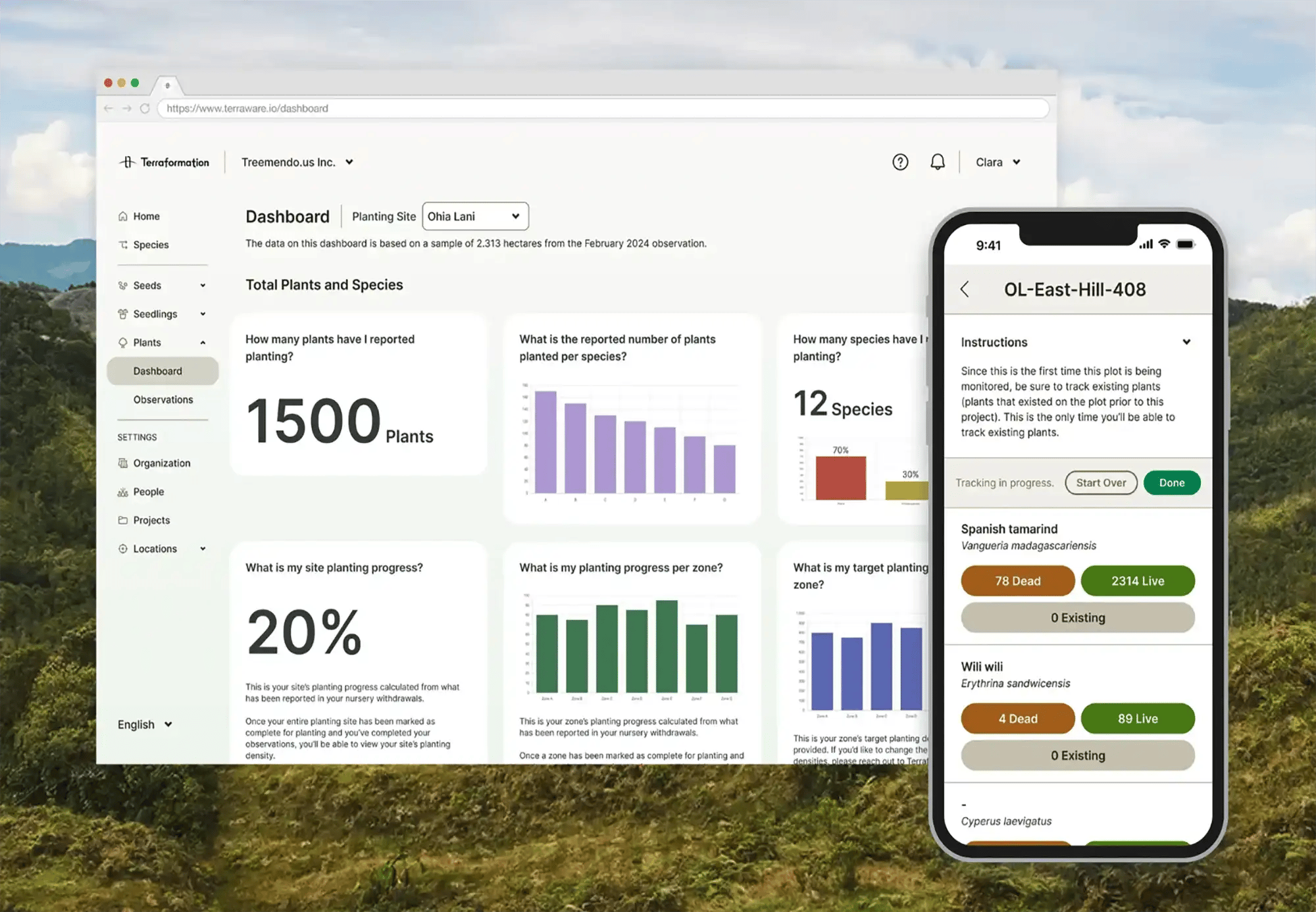 A dashboard view of Terraware by Terraformation on mobile and desktop devices