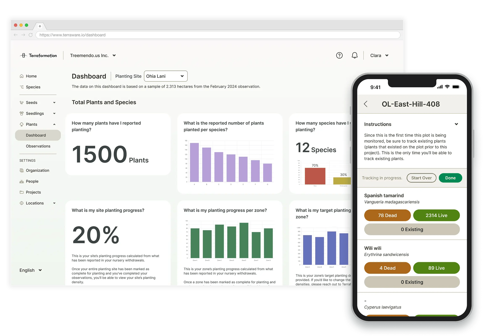 Terraware dashboard showing charts from planting progress on desktop and mobile